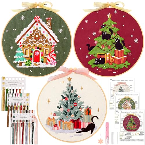 JSRQT Christmas Embroidery Kits for Adults Beginners Christmas Cross Stitch Kits, 3 Pack DIY Needlepoint Supplies