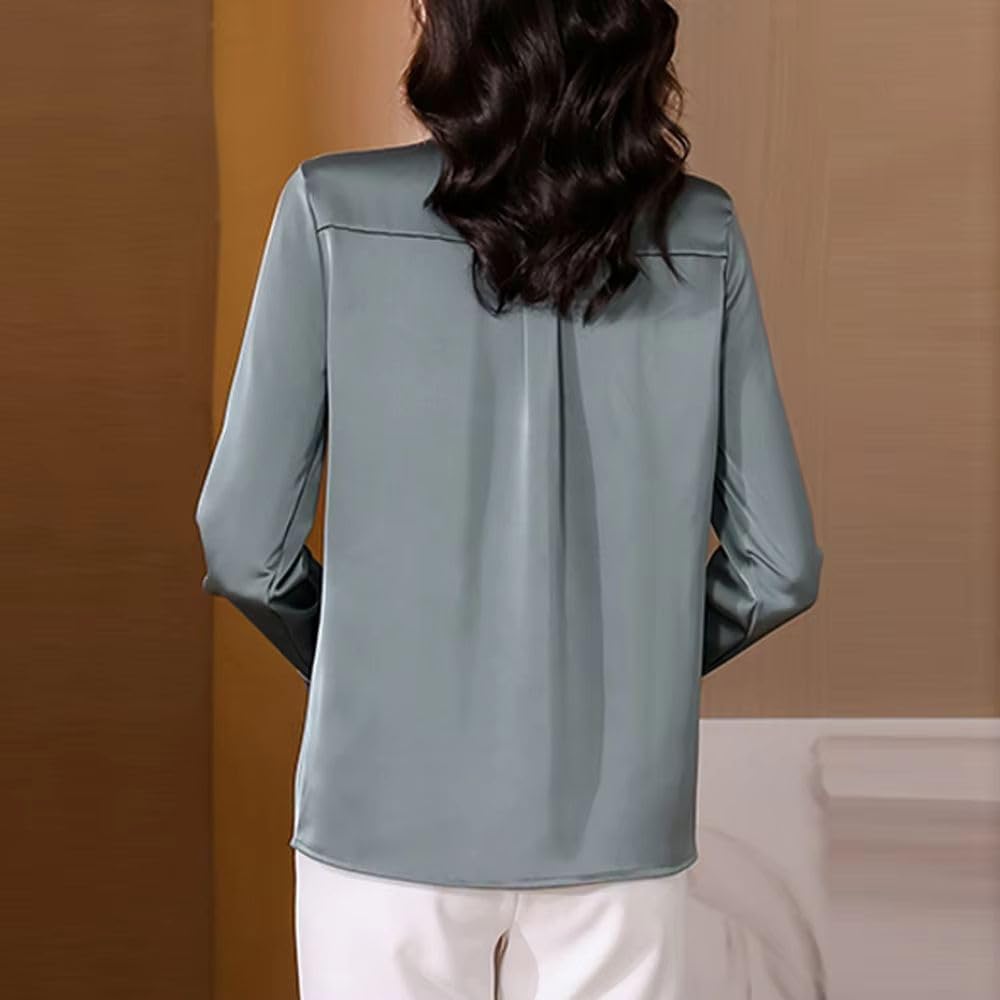 Women's Simple Solid Long Sleeve Shirt Vintage Autumn Spring Clothing Korean Style Satin Silk Blouse Office Top