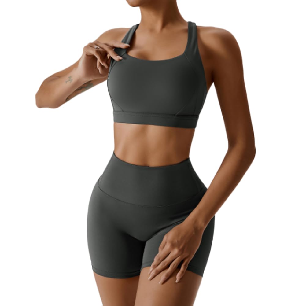 JPXJGT Women Gym Wear Workout Clothing Sports Fitness Bra Yoga Shorts Suit Set.(Size:M,Color:Grey)