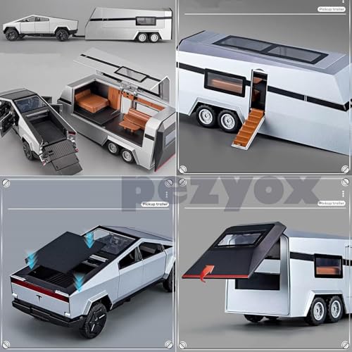 Image of 1:32 Scale Die-Cast CyberrTruck Pick-Up Trailer with 6 Openable Doors Pull Back Action,Lights & Music (Silver)