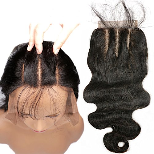 3 Part Lace Closure 4x4 Body Wave Human Hair Closure Piece with Baby Hair Natural Black Color No Bleached Knots (10 inch)