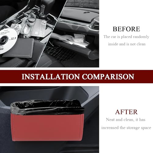 Image of Hovom Car Trash Can, Leather Waterproof Automotive Garbage Can with Trash Bag, Hanging Mini Vehicle Trash Bin, Small Auto Door Organizer Storage Pouch, Universal Car Accessories (Wine Red)
