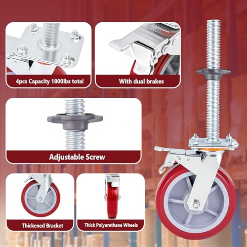 Image of 4 Pack 8 inch Adjustable Leveling Scaffolding Wheels,1-1 /5 inch OD Scaffold Screw | Heavy Duty Scaffold Leveling Jacks with Swivel Casters for Baker Scaffold, Ladder Jacks and Construction Equipment