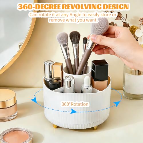 360° Drehbar Make up Organizer, Pinselhalter Kosmetik Aufbewahrung mit 5 Fächern, Aesthetic Schminktisch Organizers für Zimmer Decor Frisiertisch, Schlafzimmer,Badezimmer Organisation (Weiß)