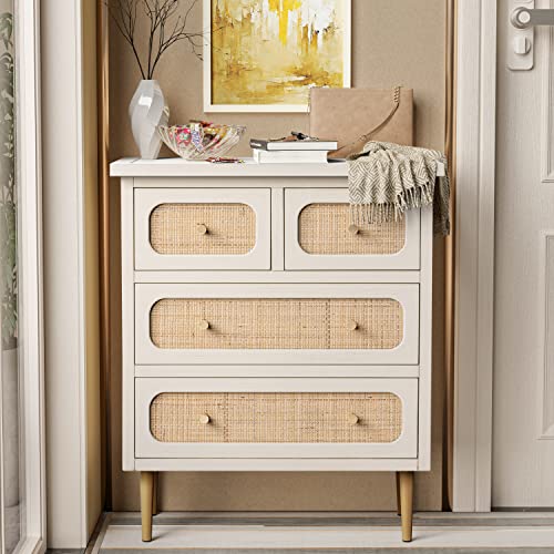 LONYKE Wicker Rattan Chest of Drawers, 4-Drawer Dresser, White Finish