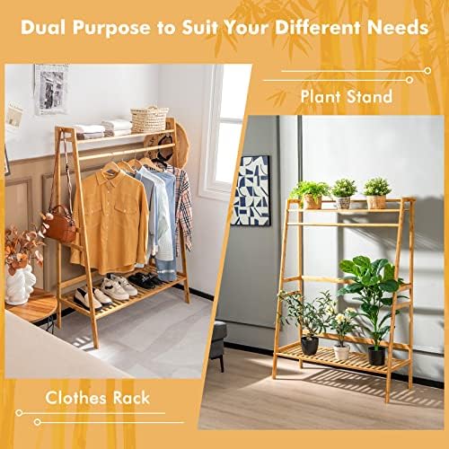 COSTWAY Bamboo Clothes Rail Stand, 4-in-1 Freestanding Coat Garment Rack with Top Shelf, 2 Hooks, Hanging Rod and Shoe Rack, Open Wardrobe Closet Clothing Hanger Storage Organiser for Bedroom Hallway