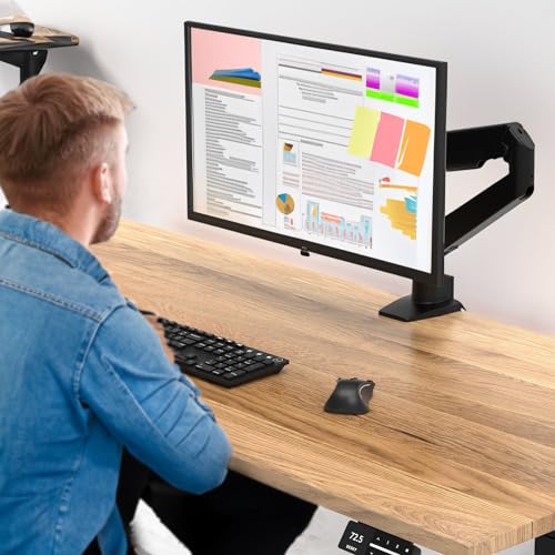 Image of Desky Single Monitor Arm - VESA Mount 17 inch-32 inch Screen Full Motion Desk Clamp & Grommet Base - Adjustable Tilt, Swivel, Rotation - Matte Black