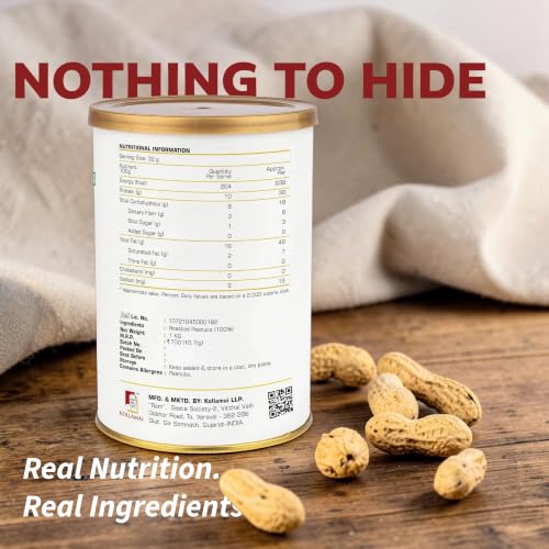 Image of KOLLAMAI Natural Peanut Butter Crunchy 1kg | Unsalted & Unsweetened | 100% Roasted Peanuts | 32g Protein | No Added Sugar or Oil | Vegan Spread | High Protein for Gym & Weight Loss (Pack of 1)