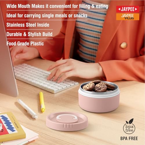Image of Jaypee Plus Snackpac Airtight Leakproof Container 400 ml Lunch Box for School, Office, Ideal for Snacks and Meal, Keeps Food Hot & Fresh Inner Stainless Steel Easy to Carry Handle, Sanitary Pink