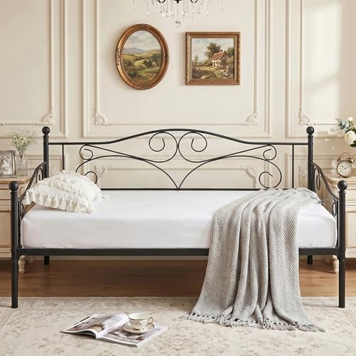 VECELO Daybed Frame, Twin Size Metal Platform Bed with Headboard,Heavy Duty Steel Slats Support for Living Room Bedroom Guest Room, Easy Assembly