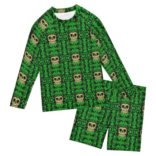 Skull Green Boys Rash Guard Swimsuits Set for Boys Long Sleeve Swim Shirts Bathing Suits with Trunks B0404376