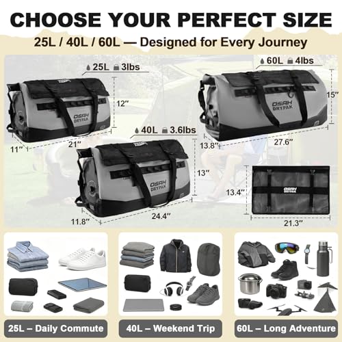 Image of OSAH DRYPAK Waterproof Duffel Bag 25L /40L /60L - Heavy-Duty Motorcycle Tail Bag, Roll-Top Dry Bag for Travel, Camping, Boating, Kayaking, Outdoor Adventure