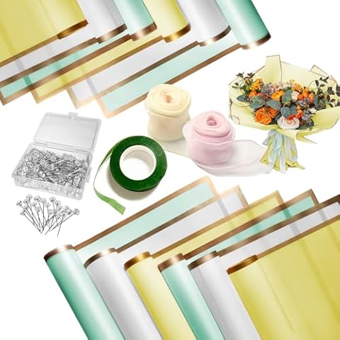 AbluFirst 163pcs Flower Bouquet Set,60 Paper for Flowers Gold Edge Waterproof Floral Wrapping Paper,100 Diamond Pins, 2 Ribbon, and 1 Green Floral Tapes for DIY Wedding Birthday Father's Day Cover