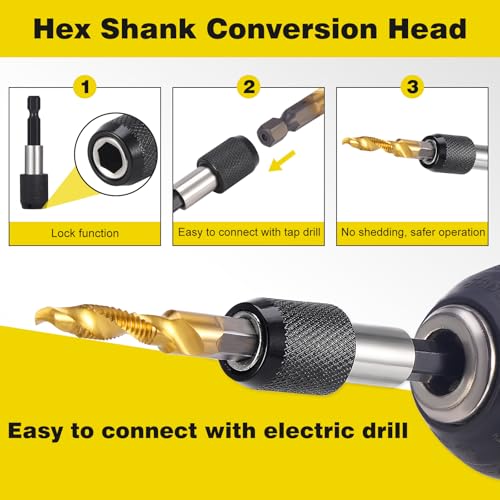 HSEAMALL 13pcs Combination Drill Tap Bit Set, Screw Tapping Threading Tools SAE 6-32NC to 1/4-20NC,Metric M3 to M10 Thread Taps with Quick Change Adapter 3 HSEAMALL 13pcs Combination Drill Tap Bit Set, Screw Tapping Threading Tools SAE 6-32NC to 1/4-20NC,Metric M3 to M10 Thread Taps with Quick Change Adapter - Image 3