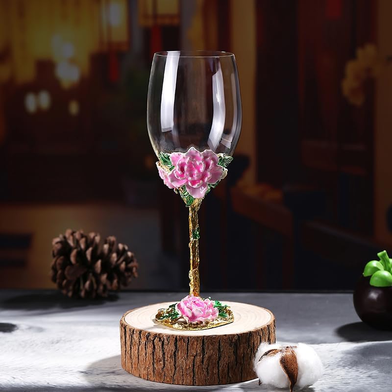 Simcat Handmade Painted Enamel Flower Glass Wine Glasses Transparent Refined Goblet, Stem For Cabernet, Gifts (pink single gift box,big flower) - Image 2
