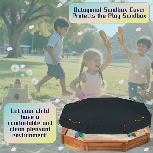 Image of Octagonal Sandbox Cover, Windproof and Dustproof with Adjustable Hook and Loop for Stabilization, 420D Waterproof Oxford Fabric, Protect Outdoor Garden Kids Sandbox Sand and Toys (Black, 84 inchX78 inchX9 inch