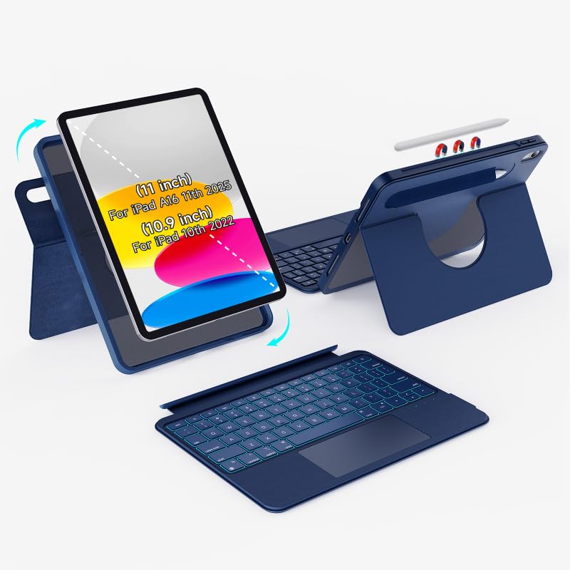 accrosoo Rotatable Detachable Magnetic Keyboard Case for iPad A16 11th/10th Gen, with Larger-Touch Trackpad, Shockproof Bumper, Support Portrait,