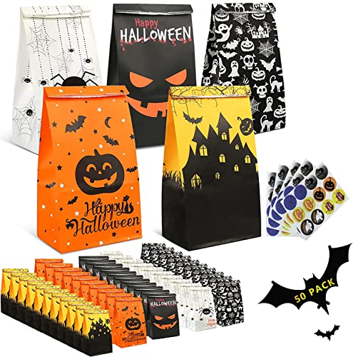 TOOELMON Halloween Geschenktüten, 50 Stück Klein Halloween Tüten Partytüten, Kleine Süßigkeiten Papiertüten mit Aufkleber, Papier Geschenke Tüte, Candy Tüten für Halloween Party