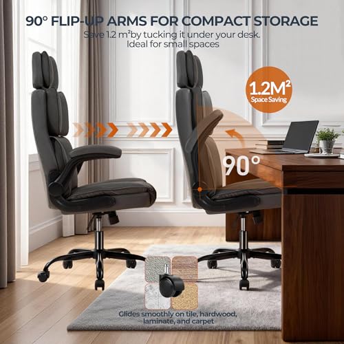 Image of Office Chair with Adjustable Headrest - Executive Leather Desk Chair for Home Office, with Flip-Up Arms & Ergonomic Lumbar Support, Perfect for Work and Study, Gray