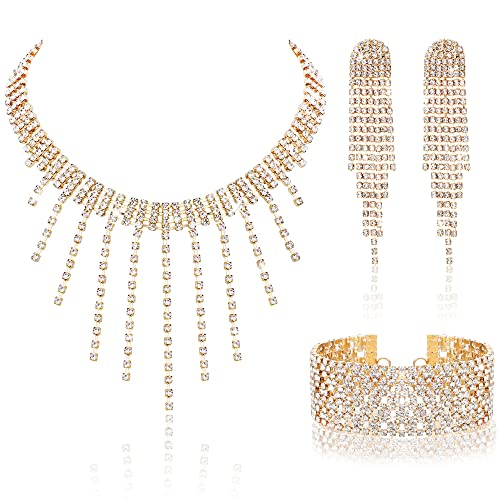Kakonia Parure de bijoux en cristal strass collier ras du cou extensible bracelet jonc strass pompon boucles d'oreilles fête fantaisie bijoux pour femme mariée ensemble de bijoux pour mariage bal(Or)