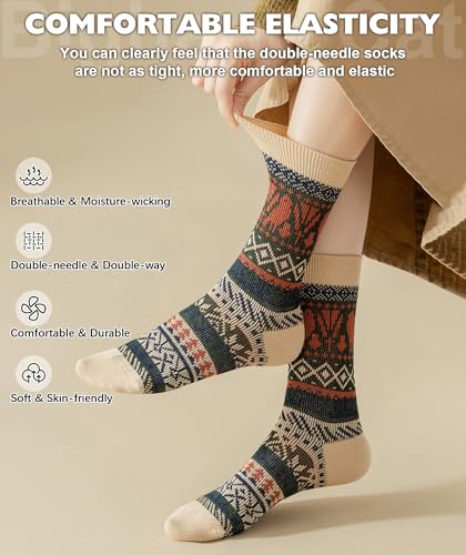Image of IIG 5 Pairs Womens Pretty Vintage Wool Socks Unique Print Design Soft Cozy Warm Crew Socks Christmas Gift
