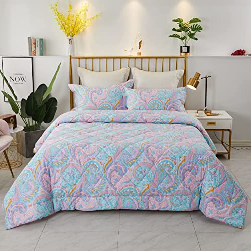 Perkily Lightweight Queen Size Girls Comforter Set 3Pcs Quilt 100% Cotton Paisley Pattern Summer Quilt/Comforter Purple Vintage Bedding Sets #TOP1