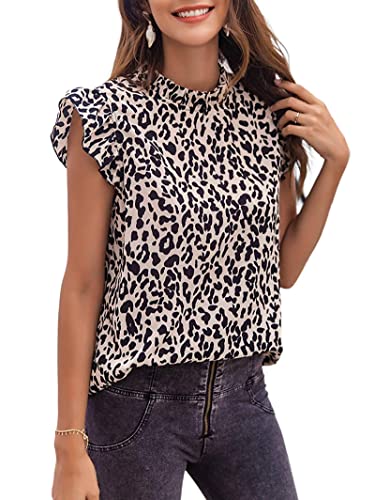 datasy Damen Rüschen Flügelärmel Rüschen Mock Neck Babydoll Bluse Casual T Shirt Tops Leopard X-Large Cover