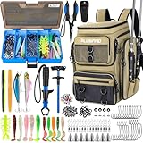 PLUSINNO Fishing Backpack with Rod Holders Tackle Box, 42L Large Water-resistant Tackle Bag Store Fishing Gear