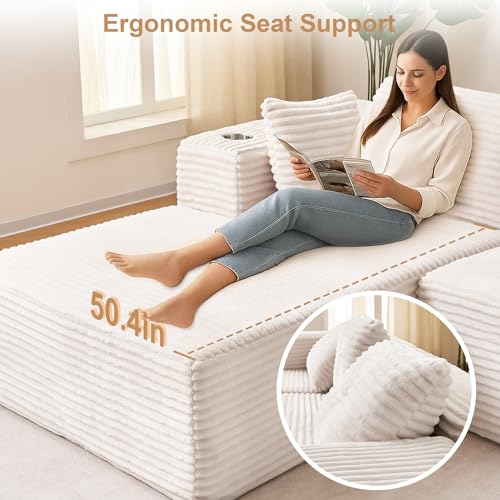 Image of Modular Sectional Sofa, 105 inch L Shaped Comfy Cloud Couch with Deep Seat, Boneless Couch for Living Room, Corduroy Modular Sofa with Chaise and Cup Holders, No Assembly Required, Beige