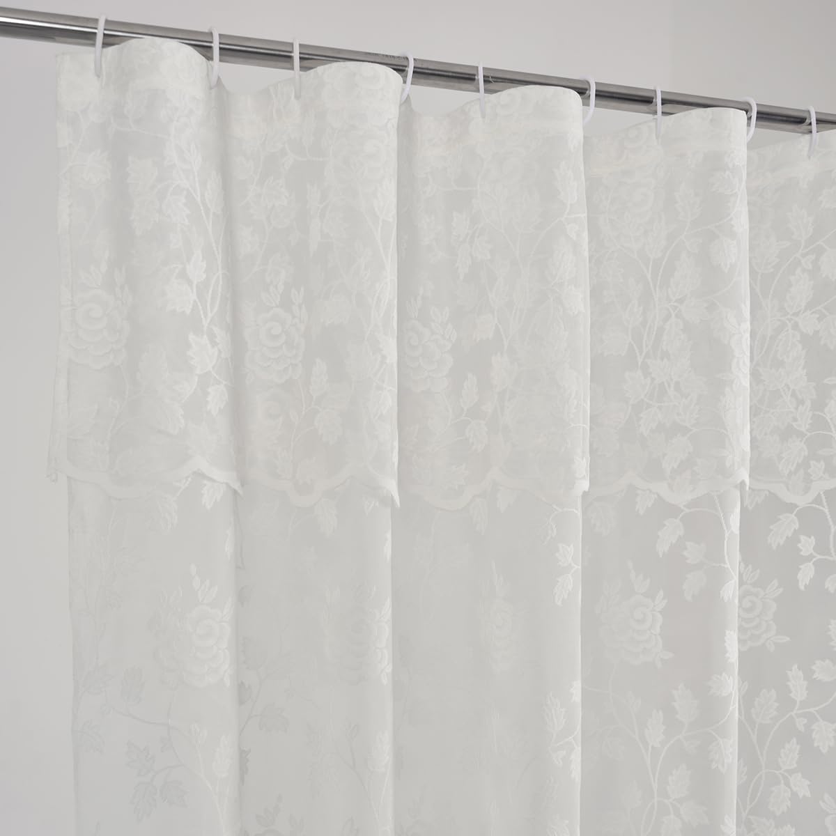 TERLYTEX Rideau de douche en dentelle ivoire avec cantonnière attachée, broderie champêtre, motif floral, vigne, voilage festonné en dentelle transparente de 183 cm de long pour salle de bain, 183 x