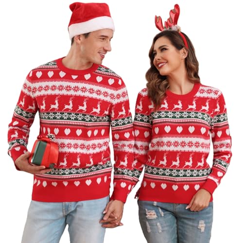 ouansyltg Couples Christmas Sweaters Family Heart Reindeer Vaction Holiday Xmas Jumper for Men Women