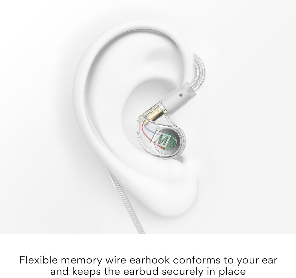 MEE audio M6 Single Side In Ear Earbud, Right Side, One Wired Earphone with Short 15" Cable, Secure Moldable Earhook, & 3.5mm Plug, Stereo-to-Mono, for Driving, Cycling, & More (Bulk Packaging, Clear)