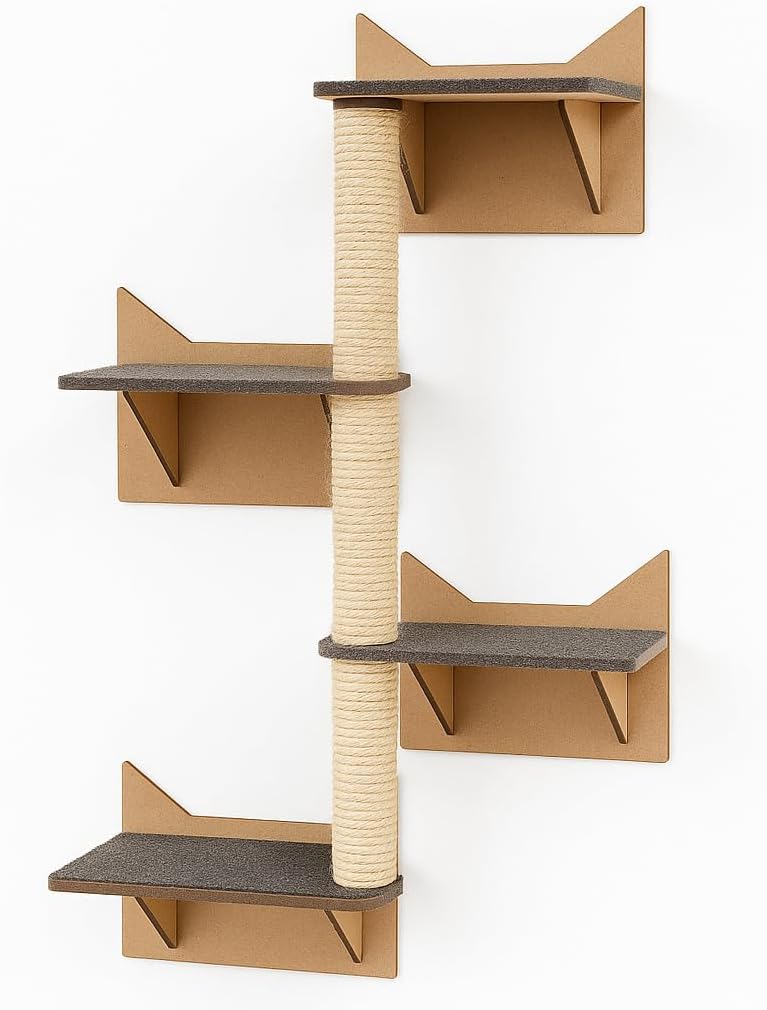 BOXFAN Conjunto Escalador Gato de Parede com Prateleiras Antiderrapante Poleiros Escada para Gatos Filhotes e Adultos Brinquedo Interativo Arranhador Sisal Playground Gatos Escalada (4 prateleiras)
