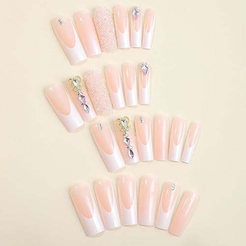 Miniatura 2 de Uñas postizas largas cuadradas a presión con diamantes de imitación con diseño de amor, uñas postizas de punta francesa, uñas postizas acrílicas