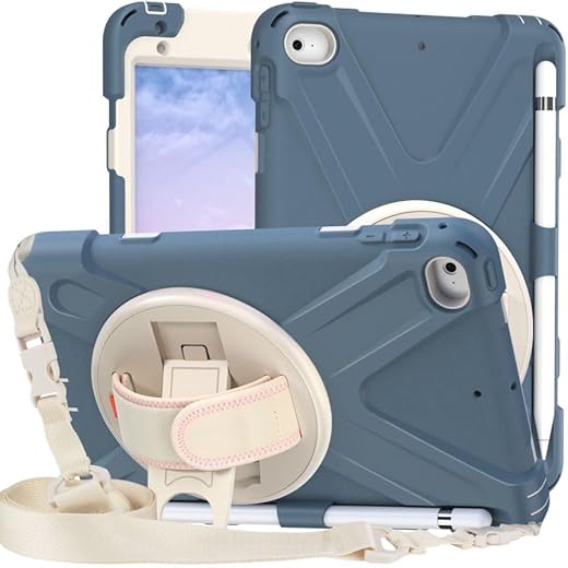 BLCshine Funda Anticaída para iPad Mini 5 2019 / Mini 4 2015 (7,9 Pulgadas), Funda Carcasa Rígida Resistente a los Golpes con Soporte Giratorio 360° y Correa de Mano/Hombro, Portalápices - Aciano Azul