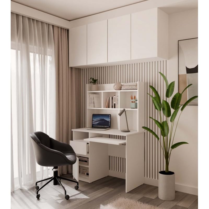 CDF Schreibtisch mit Aufsatz Porto Computertisch Arbeitstisch mit Regal Schublade Schrank Tastaturauszug Home Office Links 98 x 51 x 145 cm - Weiß
