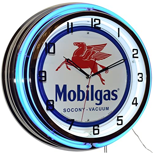 Platinum 19' Mobil Gas Socony Vacuum Sign Double Neon Clock (Blue)