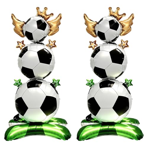 2 balões de futebol de pé para festa, balões grandes de alumínio com tema de futebol com base de campo verde e detalhes de coroa de estrelas para decoração de festas de aniversário temáticas