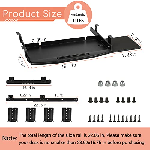 Lilithye Keyboard Tray Under Desk Drawer with Mouse Platform 19.7x7.7inch Under Desk Keyboard Tray Slide Out Ergonomic Metal Keyboard Tray for Home Office Desk (Black New) - Image 3