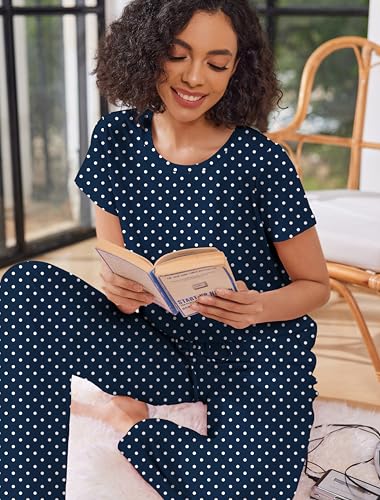 Image of Ekouaer Pajama Sets for Women Round Neck Pjs Short Sleeve Sleepwear with Long Pants Loose Lounge Sets