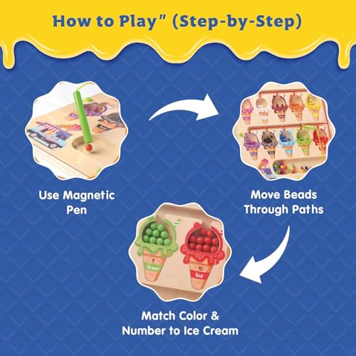 Image of Spartan Kids 3 in 1 Ice Cream Magnetic Puzzle Board for Kids, Wooden Magnetic Maze Learning Toy, Magnetic Color Sorting Board for Toddler Counting and Colour Recognition