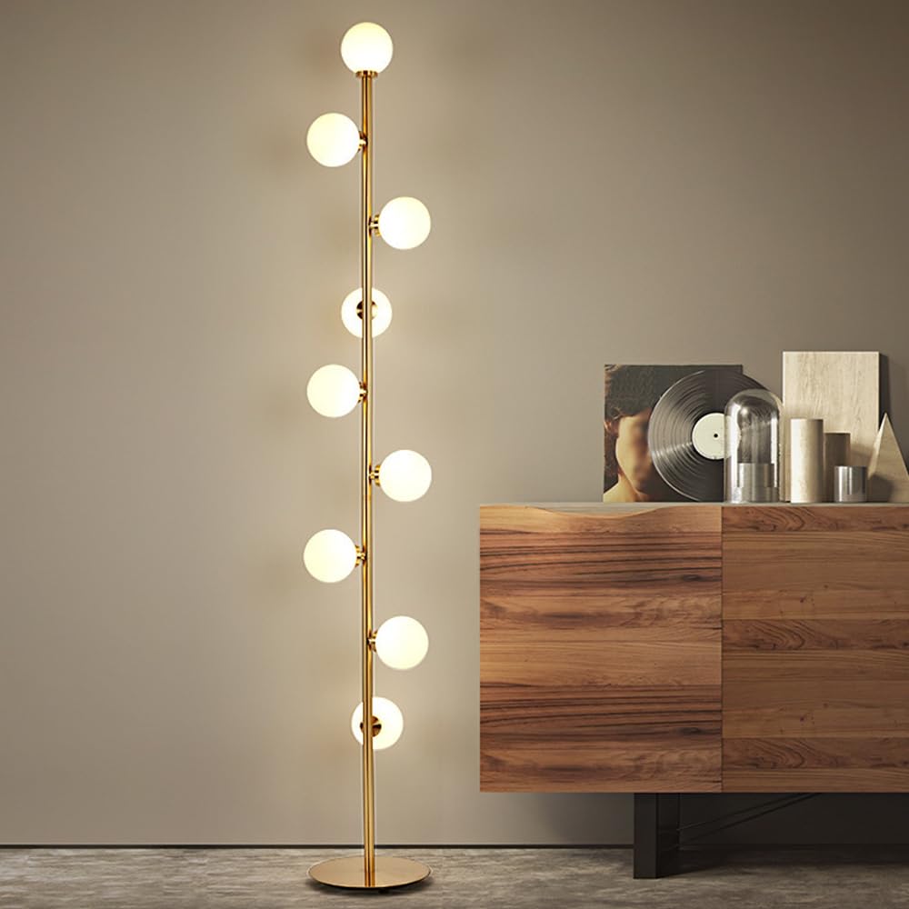 KlkrzJwy Nordic 9-Light 65" Globe Glass Floor Lamp Golden Floor Light LED G4*9 Tall Lamp with Frosted Glass Iron Standing Light for Living Room Study Bedroom Villa Sofa Area