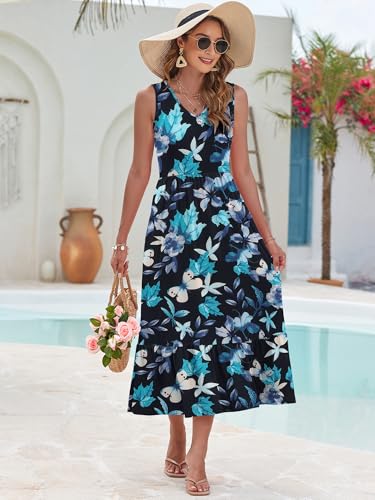 Image of AUSELILY Womens Summer Maxi Dress Casual Sleeveless V Neck Floral Dresses | A line shape with practical side pockets, Vacation dress for resort walks, Pair with low heels and simple jewelry