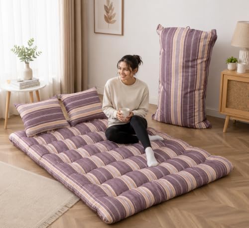 Image of Queen Mattress Bed Foldable Floor 5 x 6 Feet 14 KG White Cotton Rui Gadda (White and Mehroon Lining, Short Queen)