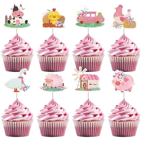 UVTQSSP 32 Pack Pink Farm Birthday Cupcake Topper Farm Decorations Lovely Farm Theme Party Supplies Baby Shower Decorations Barnyard Barn Birthday Decorations Animals Paper Kids Girl Boy Cute Cover