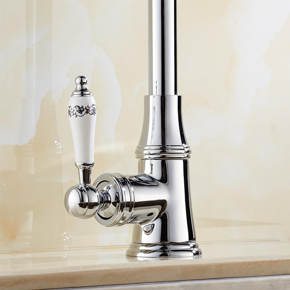 Wasserhahn Küche - Küchenarmatur Retro Antik Stil Messing Einhebel 360° Schwenkbar Spültischarmatur Mischbatterie, Hoher Auslauf Armatur Küche, Chrom, Silber
