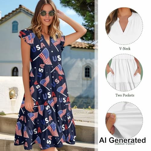Image of Women's Casual Ruffle Sleeve Dress V Neck Pullover Dress Flowy A-Line Pleated Lightweight Dress with Pockets