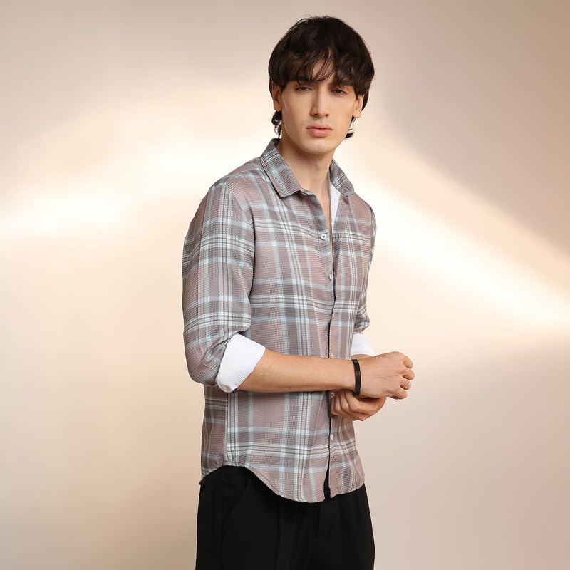 Image of CAHOOT Men's Nude Pink & Cloud Grey Tartan Plaid Shirt for Casual Wear | Spread Collar | Long Sleeve | Button Closure | Shirt Crafted with Comfort Fit for Everyday Wear
