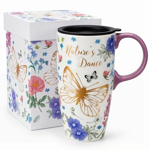 Topadorn Ceramic Travel Mug with Lid, 17oz Floral Coffee Mug with Handle