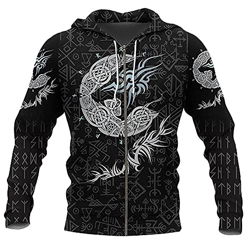 DFWY Norse Mythology Men s Viking Rune Odin Crow Tattoos Full Zip Hoodie Sweatshirt (Color : Black, Size : 4XL-Large)